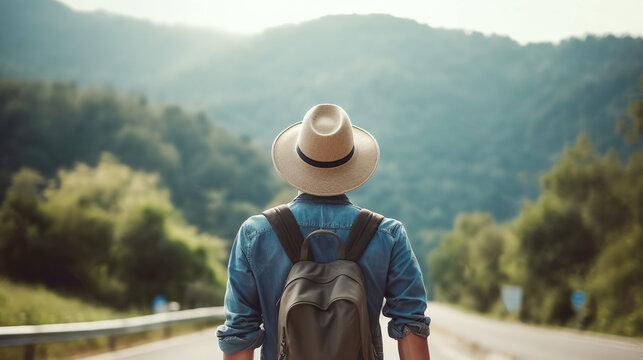 Young man in hat with backpack with his back to the camera standing on an empty open road looking at mountains green valley. Freedom wanderlust adventure traveling concept