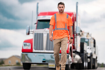 Men driver near lorry truck. Truck driver in safety vest near truck. Hispanic man trucker trucking owner. Transportation vehicles. Handsome man driver front of truck. Semi trailer semi trucks.