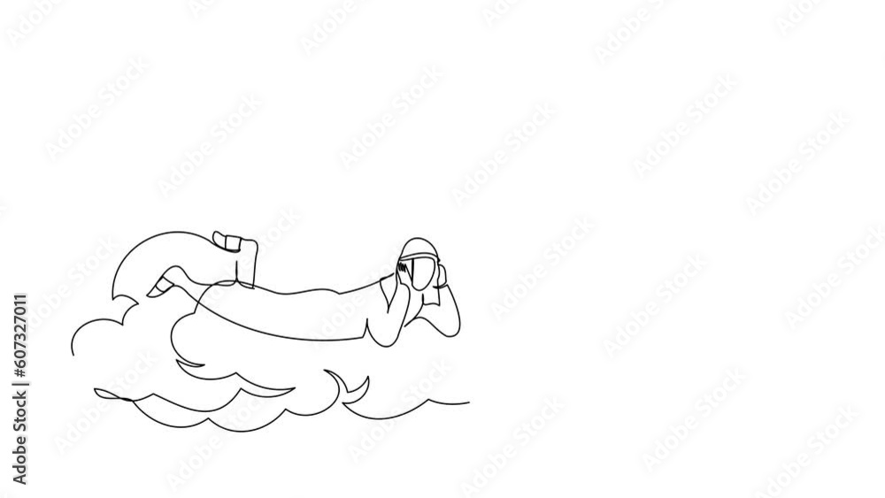 Poster self drawing animation of single one line draw arab businessman lay on clouds and thinking about new