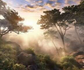 Forest landscape scene in morning with sunlight created with Generative AI