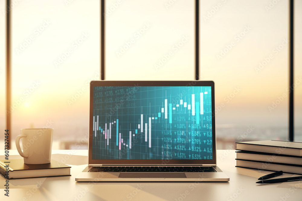 Poster computer monitor with abstract financial graph, finance and trading concept. 3d rendering