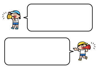 吹き出し　メガホンを持って呼びかける子どもたち.