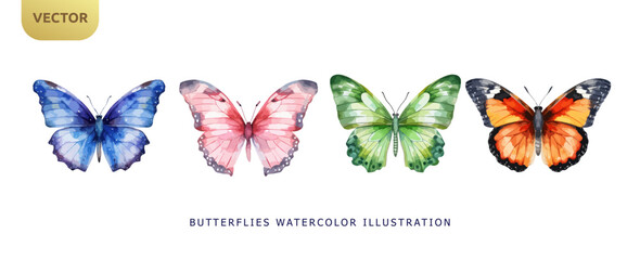 Set of beautiful butterflies watercolor isolated on white background. Pink, blue, orange and green butterfly vector illustration