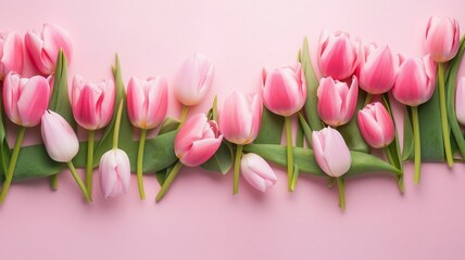 Floral border of tulip and rose flowers on pink background Generative AI