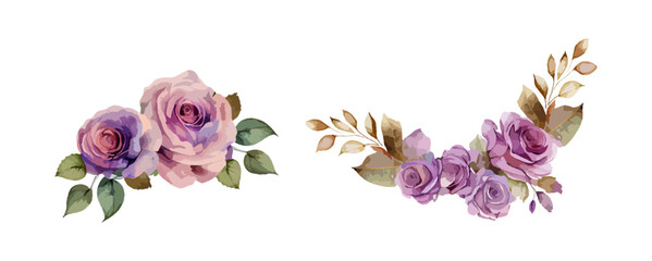 Purple roses flower wreath watercolor isolated on white background. Wedding and invitation clipart element vector illustration - obrazy, fototapety, plakaty