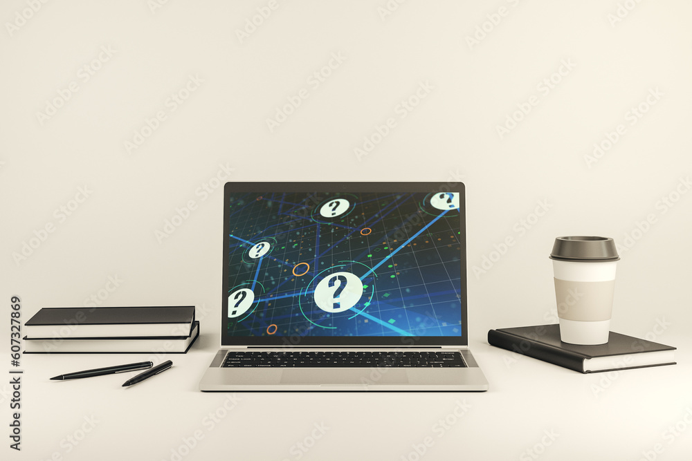 Aufkleber modern computer monitor with question mark hologram. sociology and psychology concept. 3d rendering