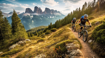 Fototapeta na wymiar Mit Vollgas die Bergwelt erkunden: Mountainbiker auf rasanter Fahrt
