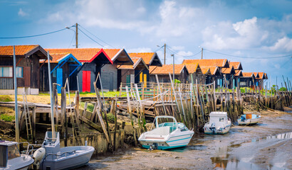Oleron island in France,  fishing boat and hut at low tide