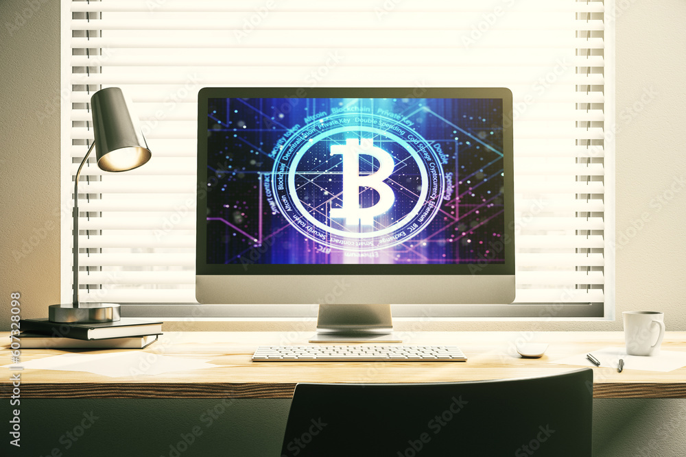 Poster Creative Bitcoin concept on modern computer monitor. 3D Rendering