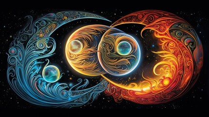 The soul and the cosmic yin yang are celebrating the cosmos and the moon. Beautiful spiritual illustration of colorful connections to the universe and the creation. Generative AI. - obrazy, fototapety, plakaty