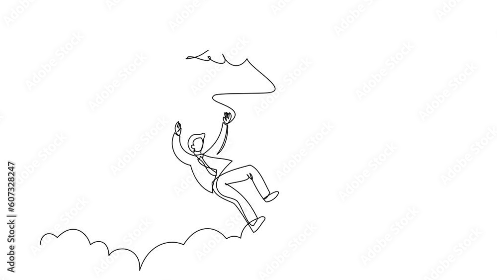 Poster self drawing animation of single one line draw businessman falling from sky. failure defeat. financi