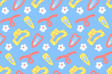 Seamless pattern with hair accessories, hairpins and clips, plastic fashionable clips. - obrazy, fototapety, plakaty