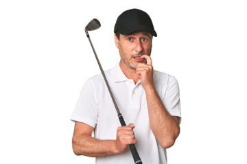Middle aged golfer man showing number one with finger.
