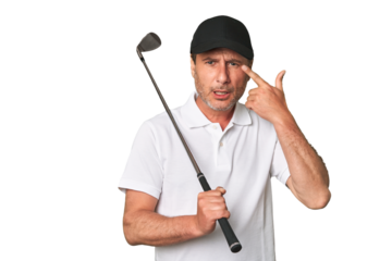 Middle aged golfer man confused, feels doubtful and unsure.