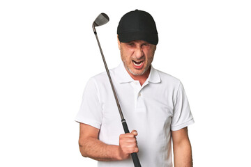 Middle aged golfer man screaming very angry and aggressive.