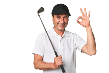 Middle aged golfer man excited keeping ok gesture on eye.