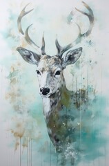 Artistic portrait of a deer, abstract oil painting. Generative AI.