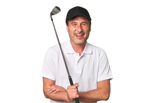 Middle aged golfer man laughing and having fun.