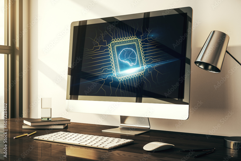 Aufkleber modern computer display with creative human brain microcircuit. future technology and ai concept. 3d