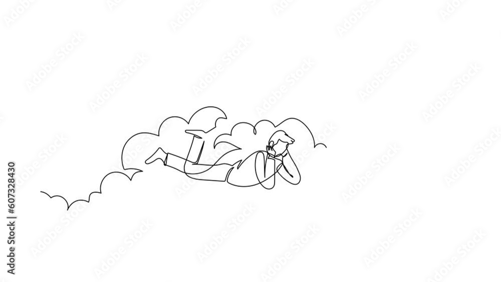 Poster animated self drawing of continuous line draw dreamer businessman lay on clouds and dreaming or thin