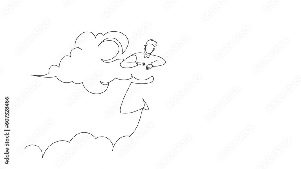 Poster animated self drawing of continuous line draw happy businessman hang in clouds. hoping for success, 
