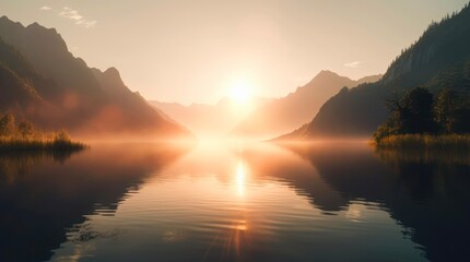 Plakat Sunrise over the lake and mountains. Amazing landscape of calm beautiful nature in the light of rising sun. Generative AI.