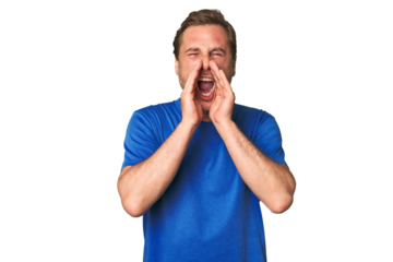 A middle-aged man isolated shouting excited to front.