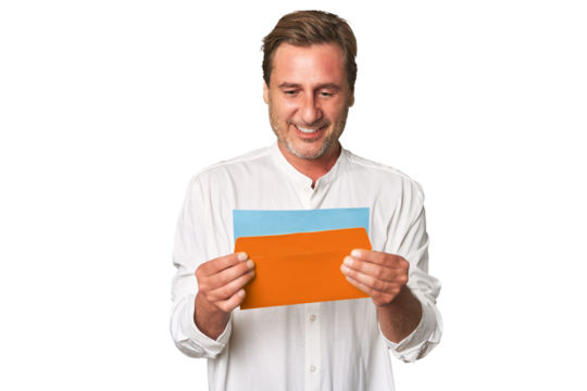 Middle-aged gentleman captivated by letter in this pensive studio portrait, exuding sincerity and depth.