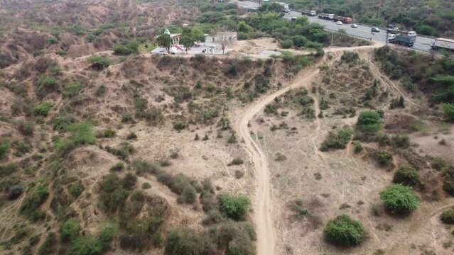 Aerial view of unique gully erosions of the iconic badlands of Chambal ravines in Morena on Delhi-Chennai Highway at Rajasthan Madhya Pradesh Border used by dacoits to flee or hide