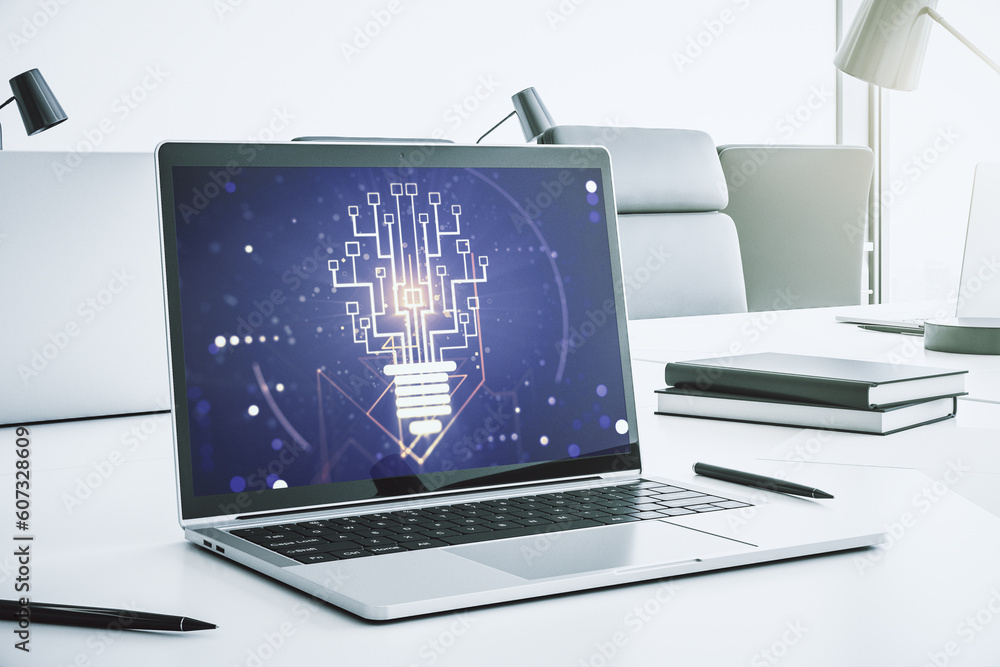 Leinwandbilder creative light bulb illustration with microcircuit on modern computer monitor, future technology con