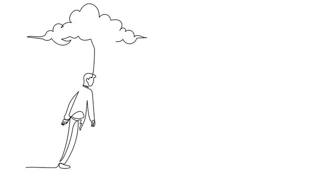 Self drawing animation of single line draw depressed businessman walking under rain cloud. Alone loser sad male depression. Loneliness in overcast weather. Continuous line draw. Full length animated