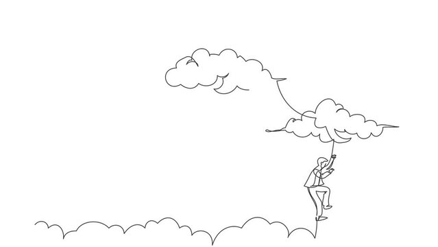 Self drawing animation of single line draw businessman climbing ladder to reach out for stars. Employee climb career path. Motivation to be success, goal. Continuous line draw. Full length animated