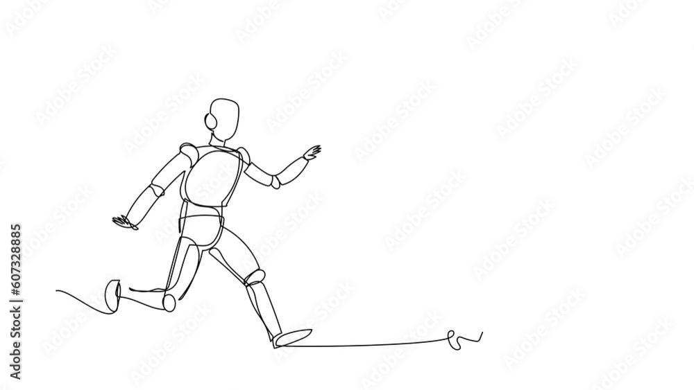 Poster animated self drawing of continuous line draw robot chasing hourglass. time management schedule of o