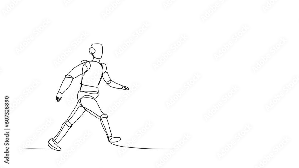 Poster self drawing animation of single line draw robot run chasing textbook for learning aspiration. techn