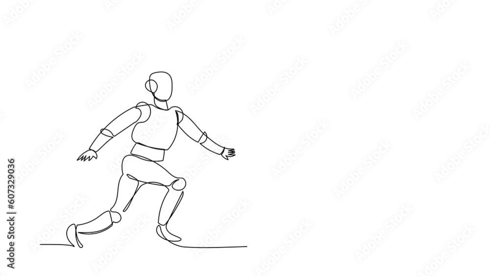 Poster animated self drawing of continuous line draw robot chasing laptop computer. deadline and task. mode