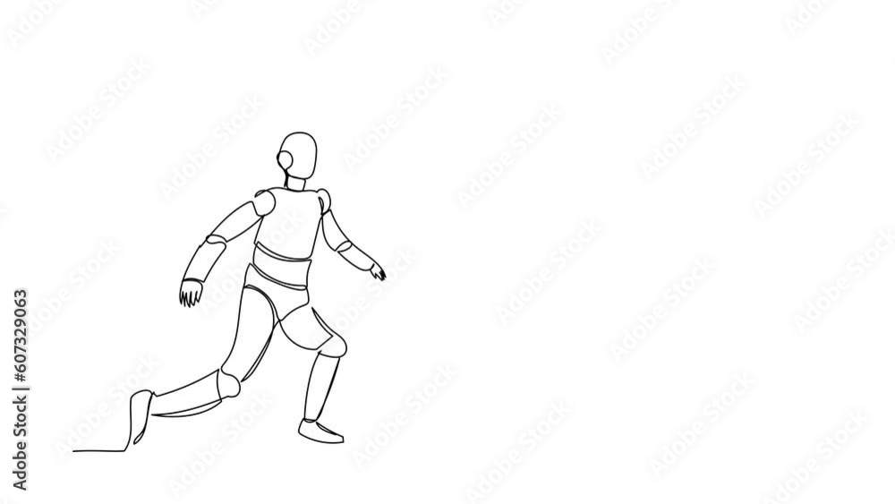 Poster self drawing animation of single one line draw robot chase piggy bank. taking profit in bullish mark