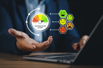 Smart customer man hands pressing on online application screen with excellent 5.0 rating for service evaluation on computer virtual touch screen. Customer satisfaction survey experience concept.