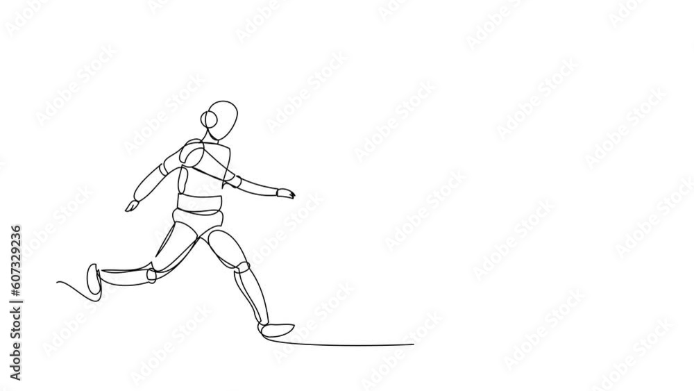 Poster animated self drawing of continuous one line draw robot chasing light bulb. innovation for new ideas