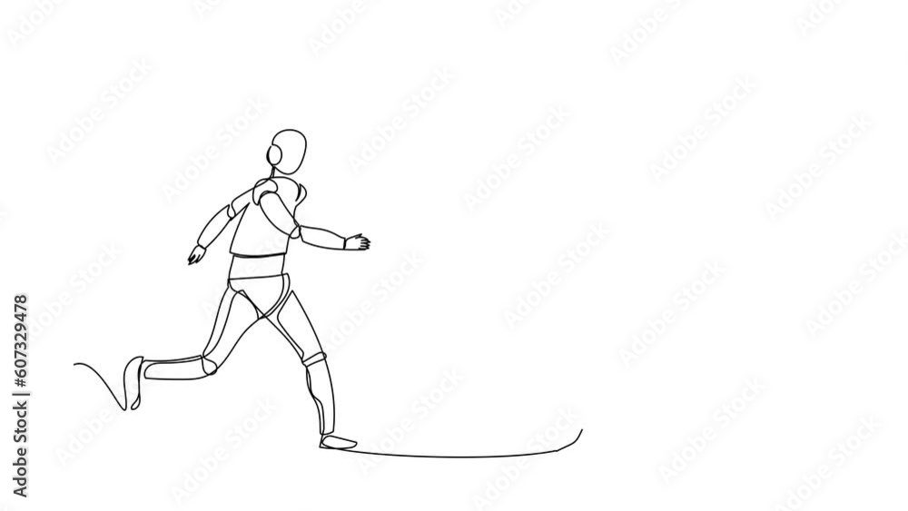 Poster animated self drawing of continuous line draw robot chasing dollar symbol. investment for tech devel