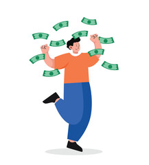 man standing under money rain banknotes falling vector illustration

