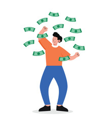 man standing under money rain banknotes falling vector illustration
