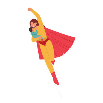 Superhero Mother Character Flying With Her Baby, Exuding Strength, Love, And Protection. A Symbol Of Maternal Courage