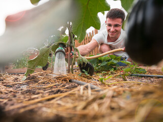 Joven horticultor regando el huerto de su nuevo estilo de vida. Vida sostenible / Young...
