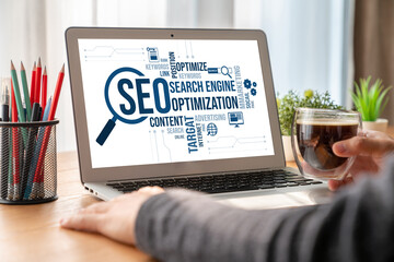 SEO search engine optimization for modish e-commerce and online retail business showing on computer...