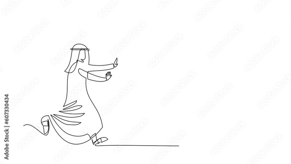 Poster self drawing animation of single line draw arab businessman run chasing smartphone. communication te
