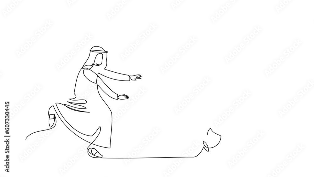 Poster animated self drawing of continuous line draw arab businessman run chasing cup. drinking and breakfa