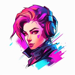 Synthwave Vector Neon Gamer Girl Logo, Gaming Cyberpunk Logo, Woman Gaming Logo, Colourful Female Gaming Channel Logo