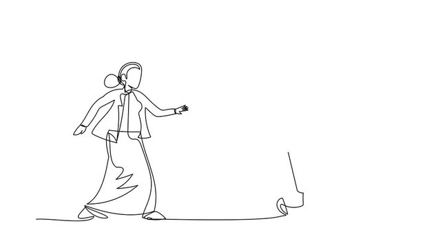 Animated self drawing of continuous line draw businesswoman run chasing try to catch text book. Worker being chased by work deadlines. Running out of time. Business. Full length one line animation