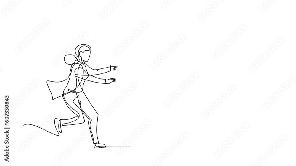Poster animated self drawing of continuous line draw businesswoman run chasing try to catch smartphone. con