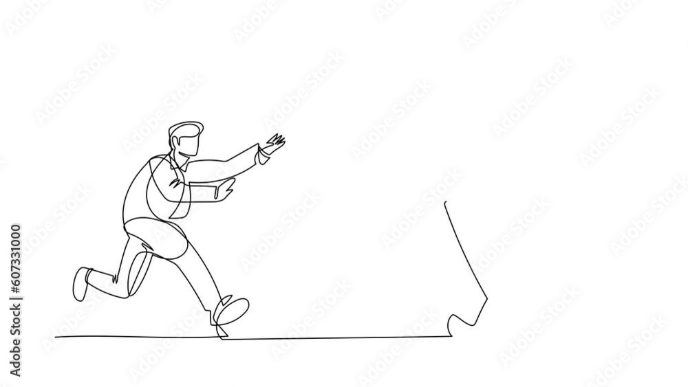 Poster animated self drawing of continuous line draw businessman run chasing try to catch clipboard. manage